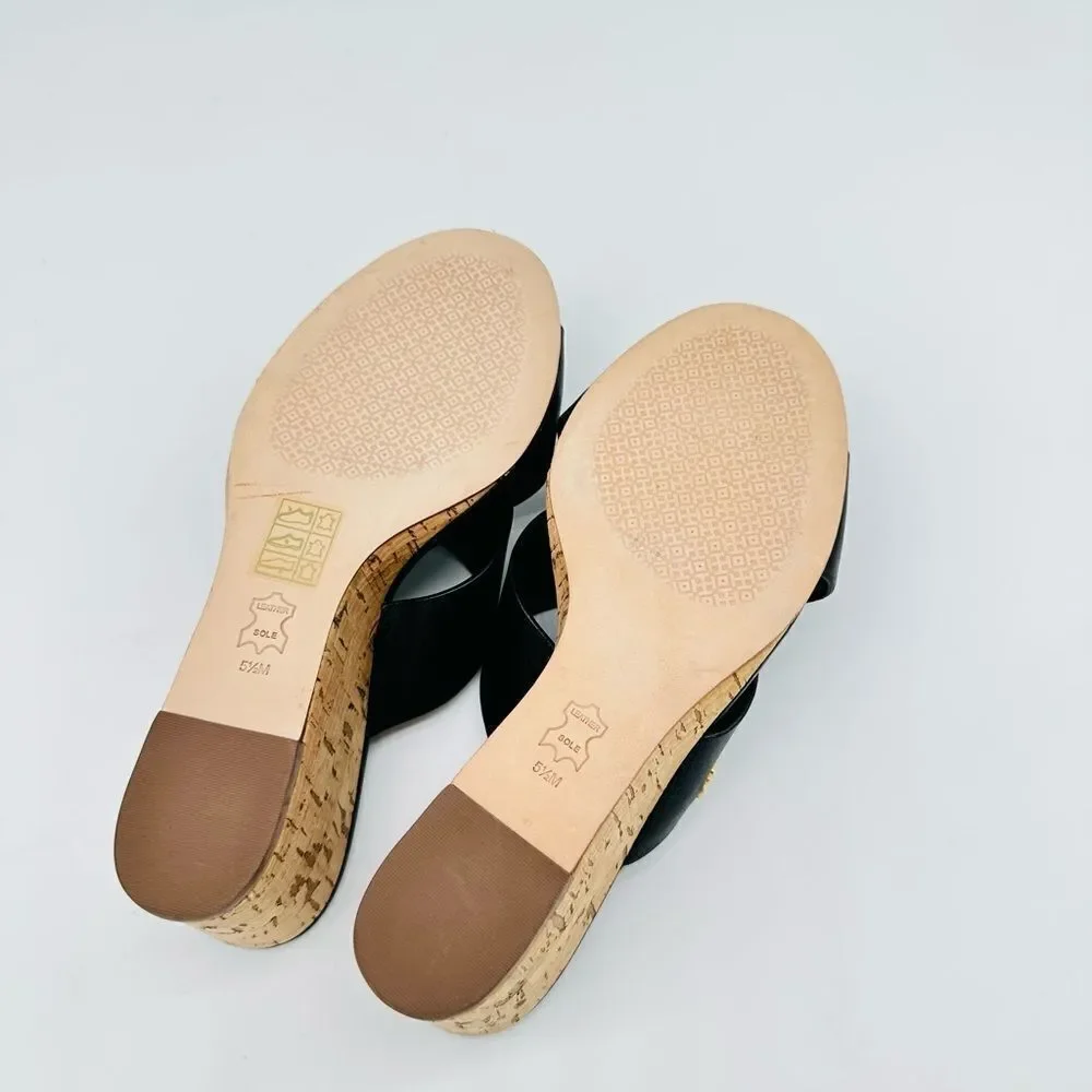 Tory Burch Crossover Sandal Wedge Slide Calf Leather Cork Heel Comfy Black